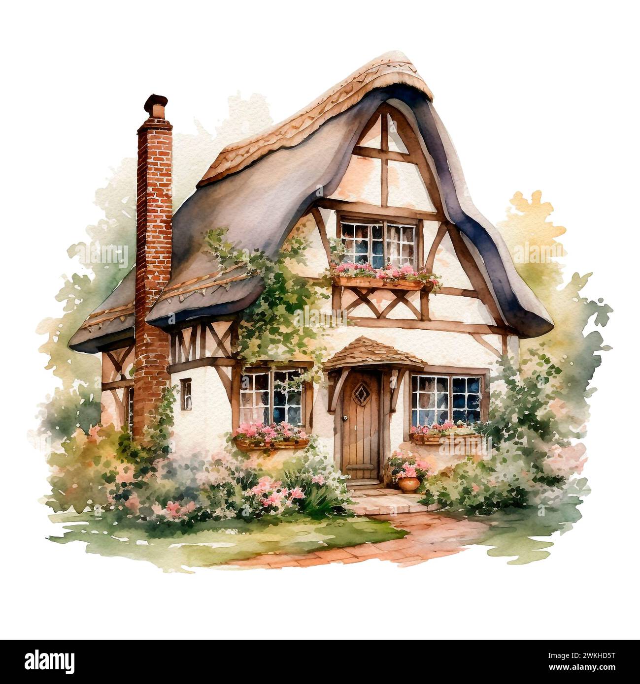 Illustrazione disegnata a mano di una tradizionale casa di villaggio inglese isolata su sfondo bianco. Casa accogliente ad acquerello con tetto in paglia, piante e cielo. Foto Stock