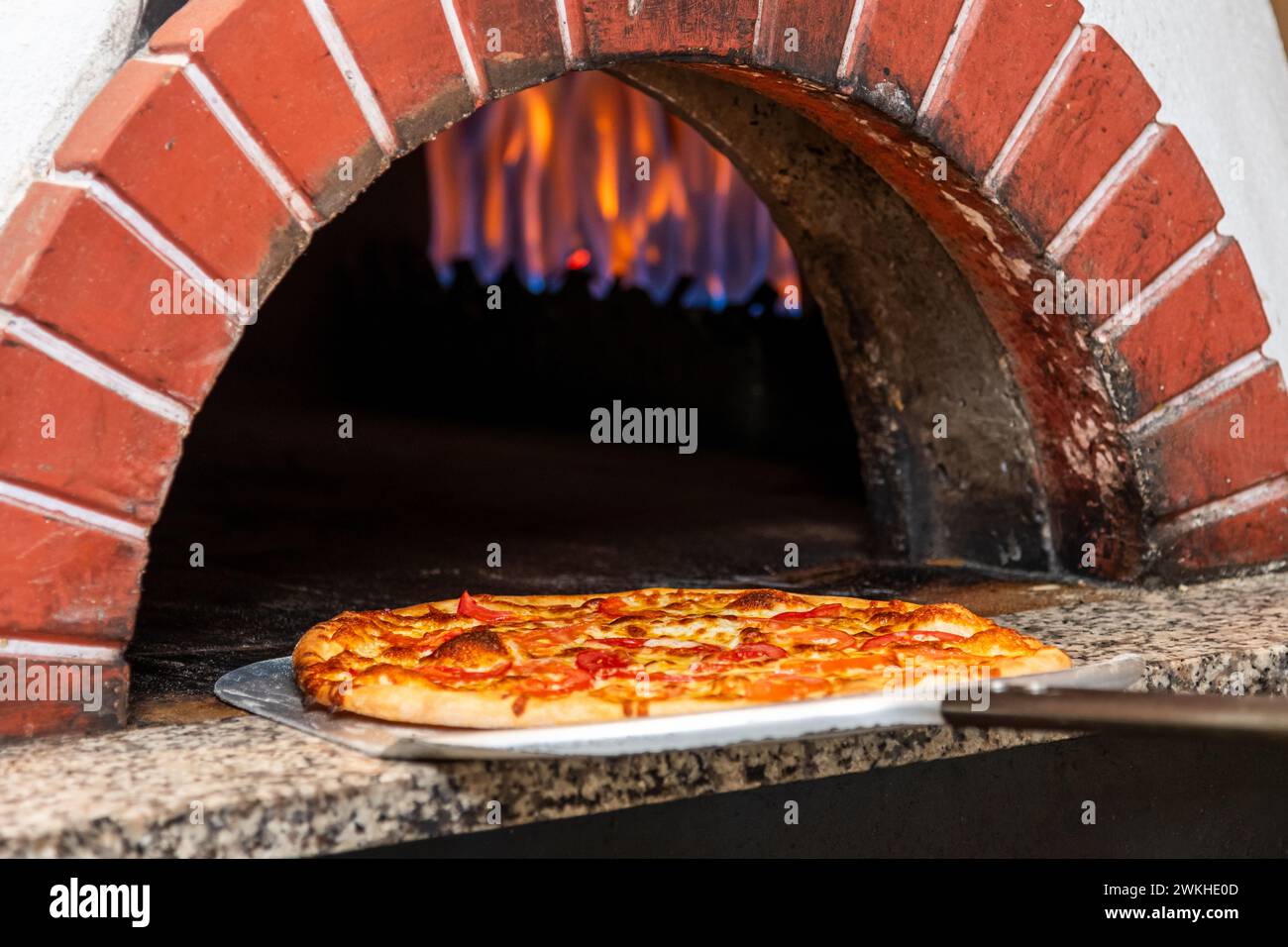 Pizza mista fresca dal forno con fiamme visibili sullo sfondo Foto Stock