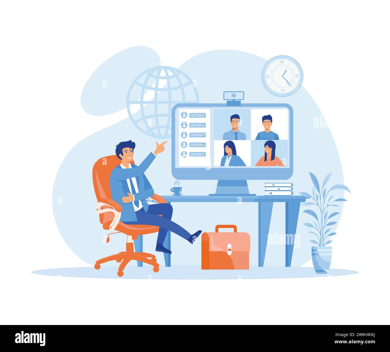 Lavoratore che utilizza un computer per riunioni virtuali collettive e videoconferenze di gruppo. Uomo sul desktop che chatta con gli amici online. illus moderno vettoriale piatto Illustrazione Vettoriale