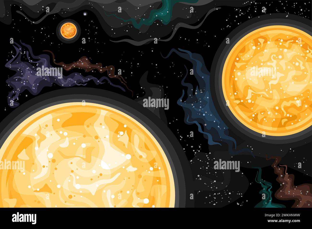 Grafico spaziale Vector Fantasy, poster orizzontale astronomico con illustrazione del sistema stellare Alpha Centauri a tre stelle nello spazio profondo, decorativo o. Illustrazione Vettoriale