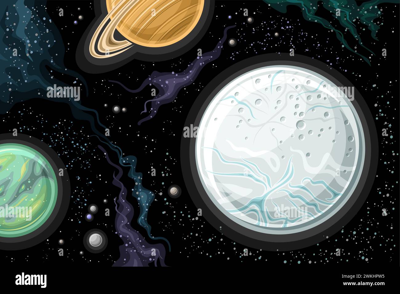 Grafico spaziale Vector Fantasy, poster orizzontale con cartoni animati Encelado e Titano, orbitante intorno a Saturno nello spazio profondo, futurista decorativo Illustrazione Vettoriale