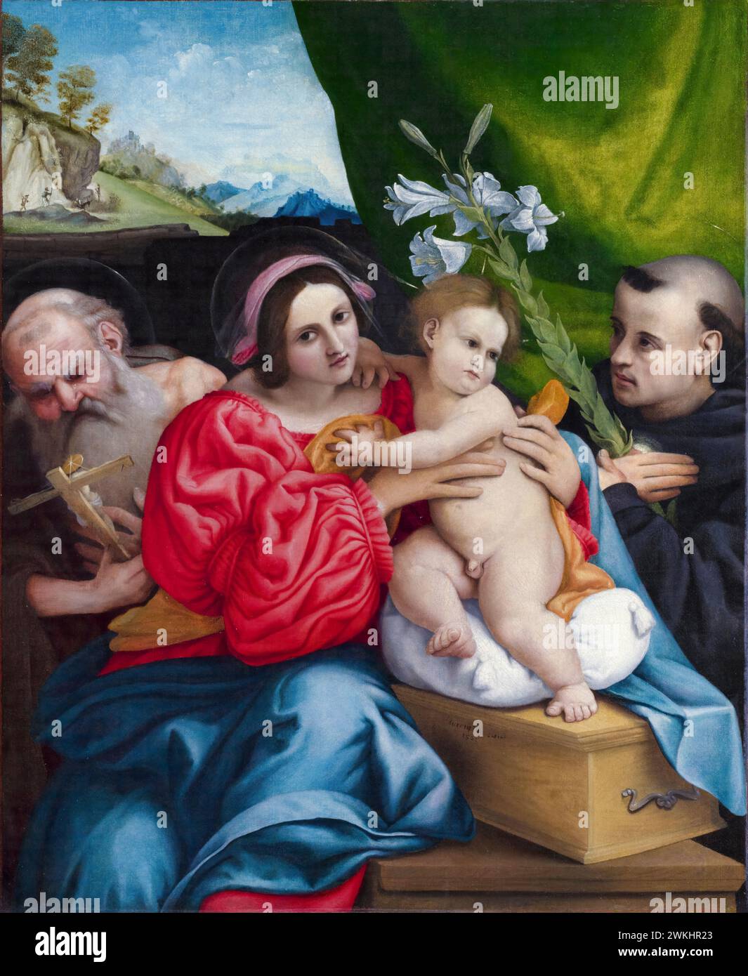 Lorenzo lotto, la Vergine col bambino con i Santi Girolamo e Nicola da Tolentino, pittura ad olio su tela, 1522 Foto Stock