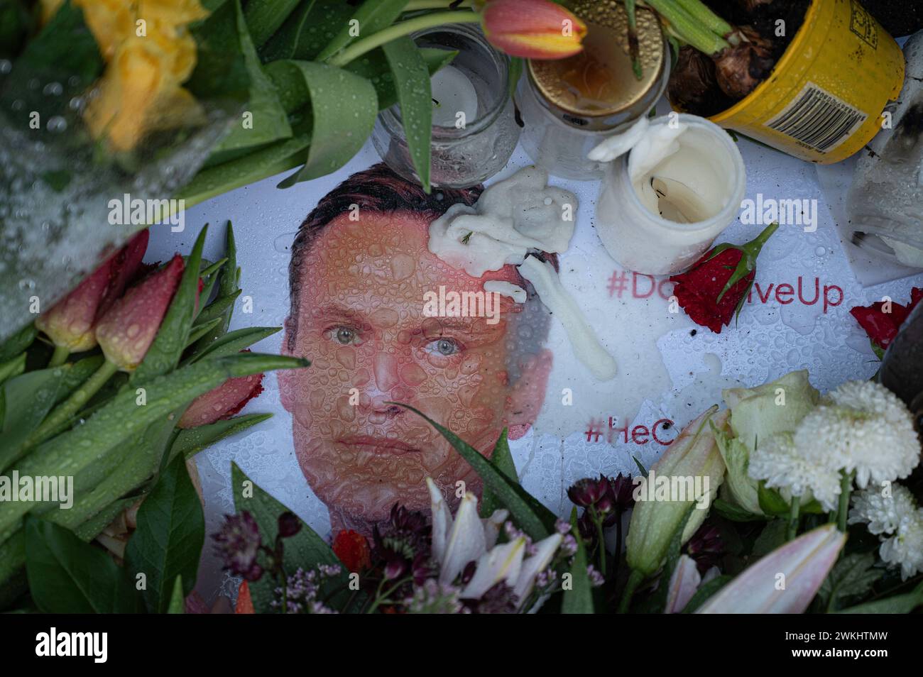 Copenaghen, 21 febbraio 2024 fiori di fronte all'ambasciata russa in memoria di Aleksej Navalnyj Foto Stock