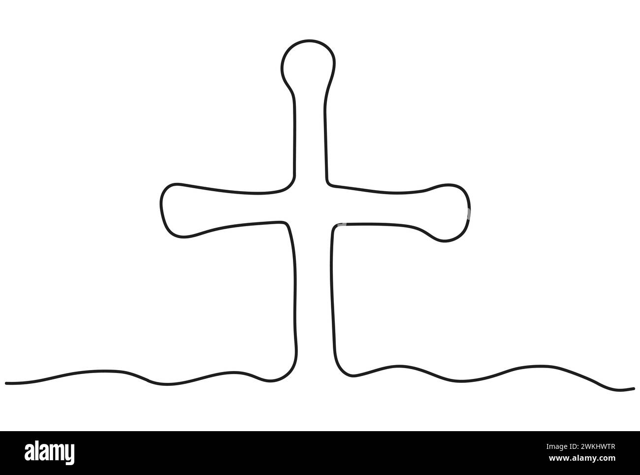 Disegno continuo di una croce su una linea. Art. Linea. Concetto di Pasqua, fede, spiritualità, religione, funerale. Elemento di progettazione. Il vettore bianco e nero è Illustrazione Vettoriale