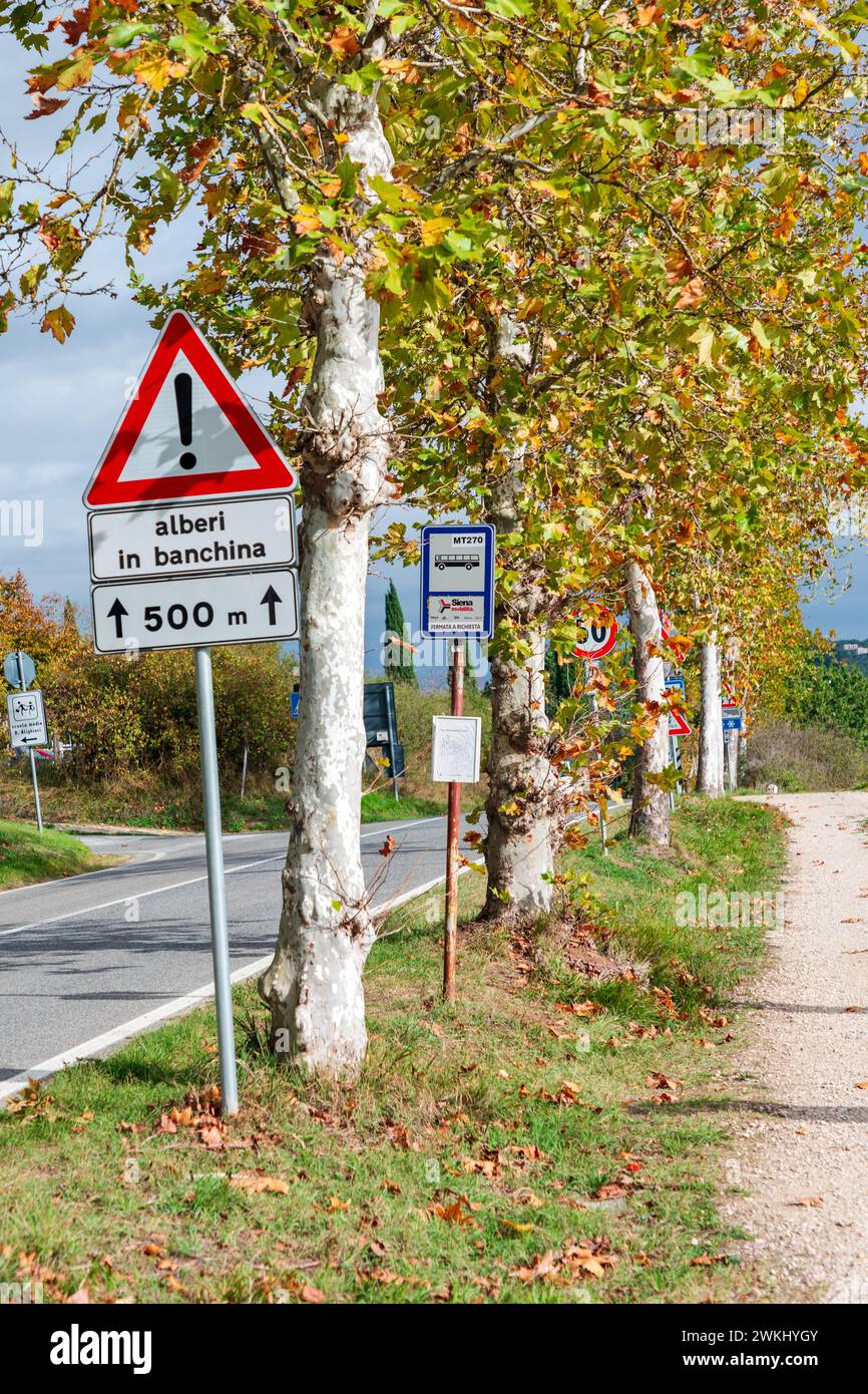 Fermata dell'autobus presso la strada asfaltata di campagna che attraversa la regione rurale della Toscana in autunno. Direzione del castello di Monteriggioni. Foto Stock