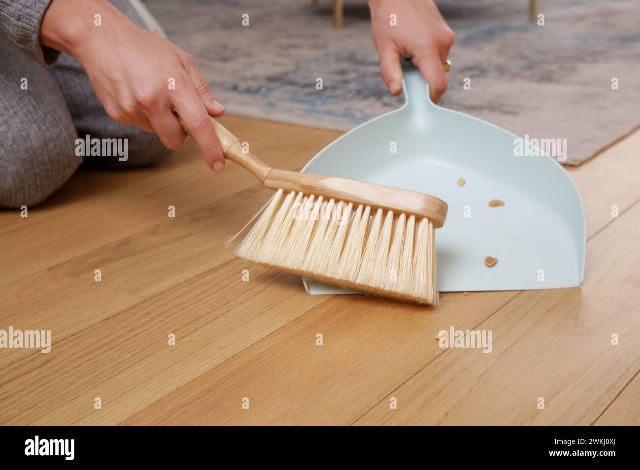 Immagine ravvicinata di un appartamento di donna che pulisce le mani con una scopa piccola e una padella Foto Stock