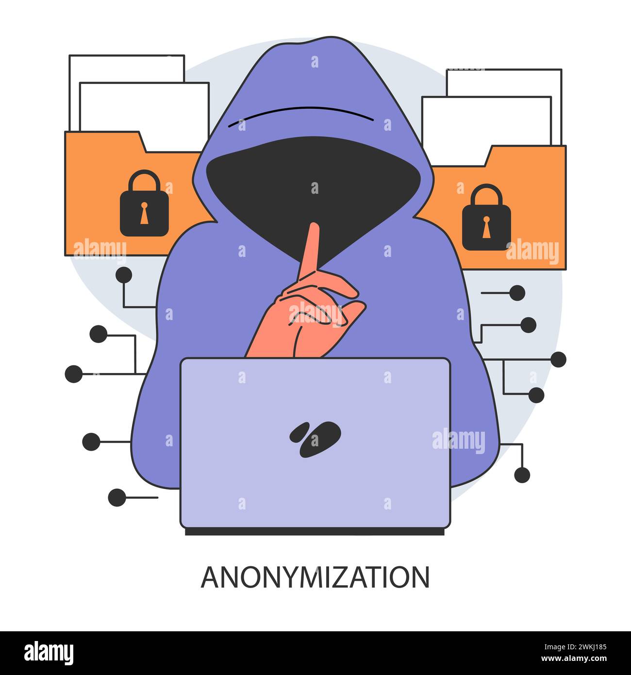 Anonimizzazione. Profilo anonimo non riconoscibile. Privacy online e protezione dei dati personali. Informazioni riservate. Illustrazione vettoriale piatta Illustrazione Vettoriale