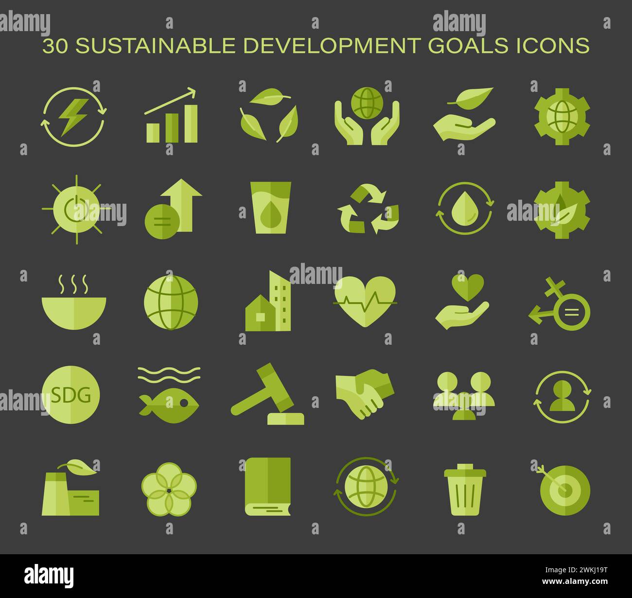 Set di icone degli obiettivi di sviluppo sostenibile. Guida visiva agli obiettivi globali. Ecologia, energia, uguaglianza e attenzione all'istruzione. Icone complete per la consapevolezza e l'istruzione. Illustrazione vettoriale piatta. Illustrazione Vettoriale