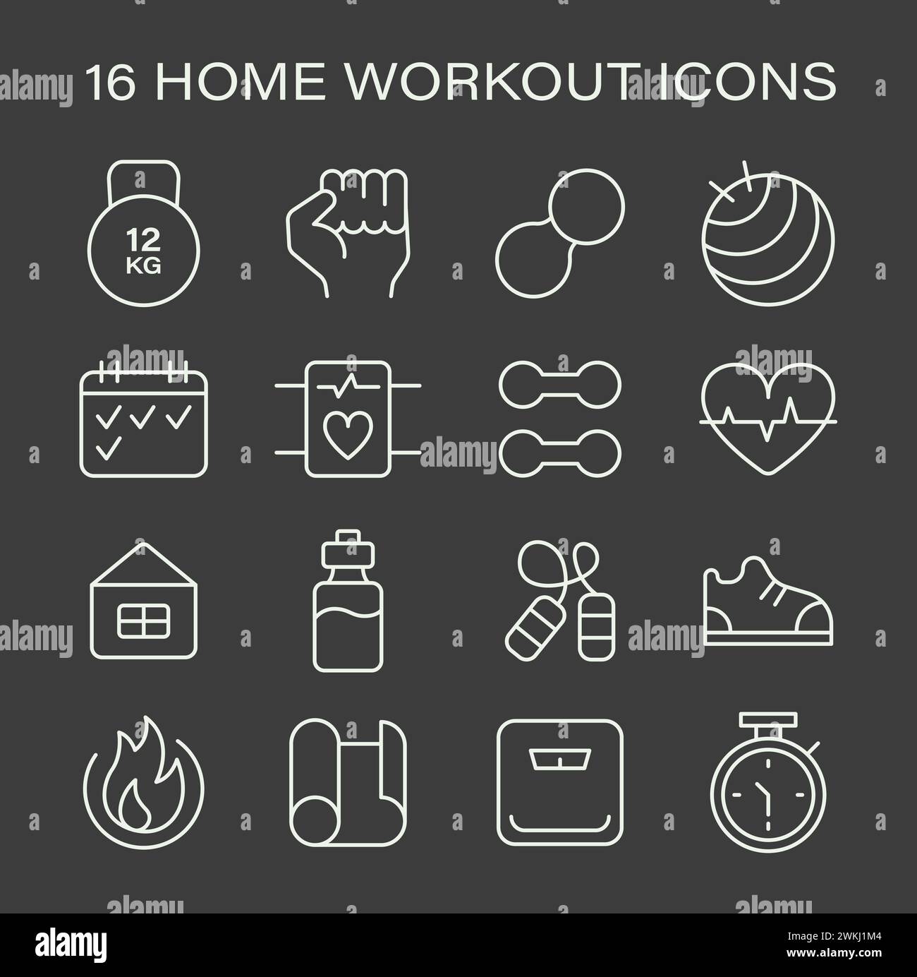 Icone allenamento domestico essenziali impostate. I simboli rappresentano elementi chiave per il fitness come pesi, frequenza cardiaca, idratazione e calzature attive. Indispensabili per una routine di allenamento a casa. Icone vettoriali piatte. Illustrazione Vettoriale
