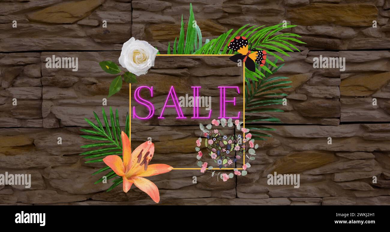 Immagine del testo di vendita in lettere al neon in cornice su fiori in movimento ipnotico Foto Stock