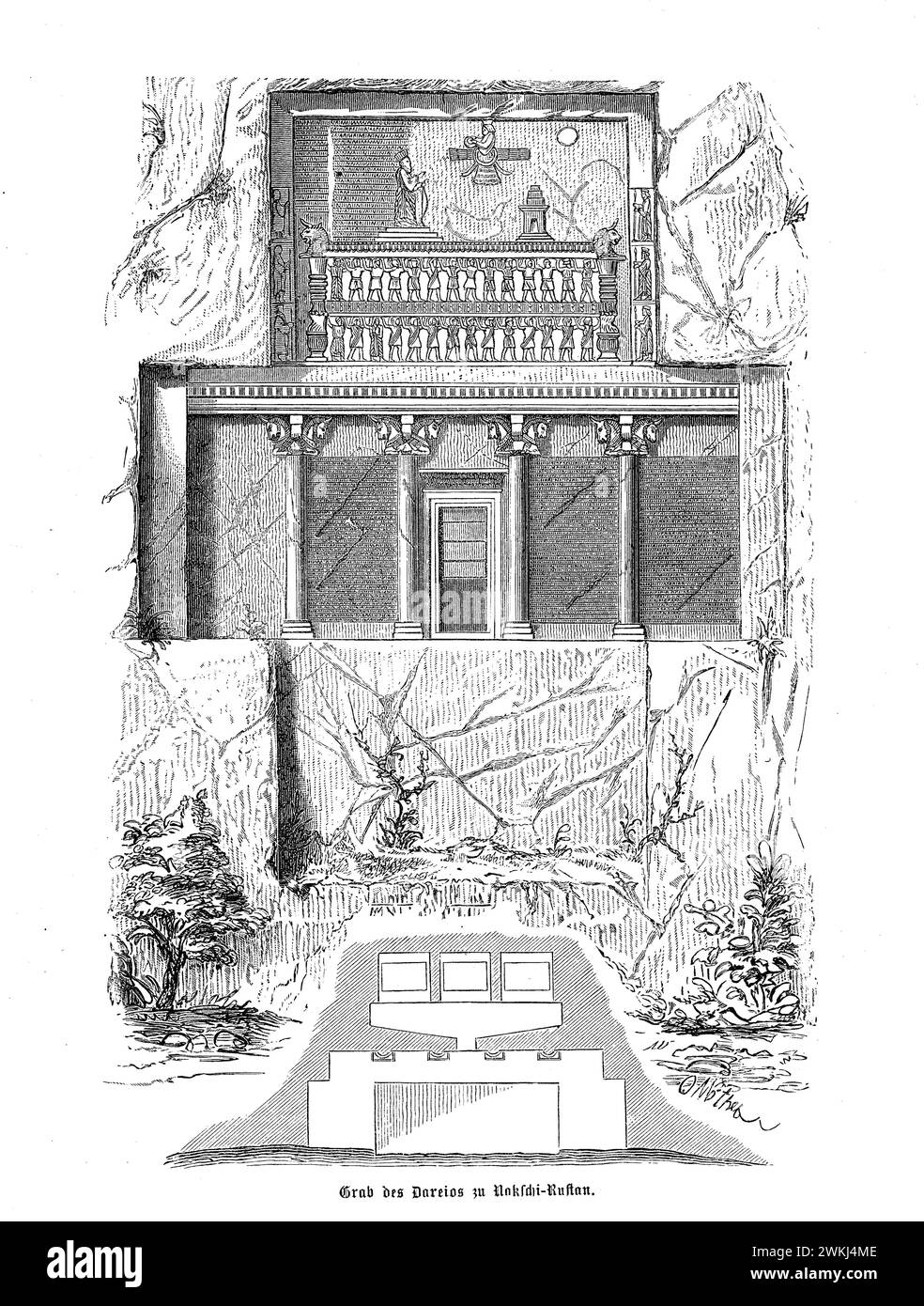 La tomba di Dario il grande a Naqsh-e Rostam, vicino all'antica capitale cerimoniale di Persepoli, si erge come una magnifica testimonianza della potenza e dell'innovazione architettonica dell'Impero achemenide. Scolpita in una parete a strapiombo, questa monumentale tomba si distingue per la sua facciata a forma di croce e la raffigurazione di Dario davanti alle figure divine, sottolineando la pietà e il potere del re. Intorno a questa tomba reale ci sono altri rilievi monumentali e tombe dei re achemenidi, rendendo Naqsh-e Rostam un sito cruciale per comprendere l'antica ideologia imperiale persiana e le pratiche funerarie. Foto Stock