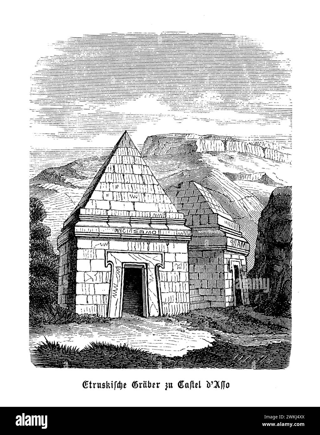 Le tombe etrusche di Castel d'Asso segnano un notevole capitolo nella storia antica dell'Italia. Scavate nelle ripide scogliere del pittoresco paesaggio laziale, queste tombe scavate nella roccia forniscono una finestra sulla civiltà etrusca, una delle culture pre-romane che fiorì nell'Italia centrale. Con facciate che riprendono gli stili architettonici degli edifici residenziali etruschi, queste tombe illustrano gli sforzi della società per fornire un'aldilà confortevole per il defunto. Il sito, risalente al vi-III secolo a.C., mostra le tecniche avanzate di lavorazione della pietra degli Etruschi Foto Stock