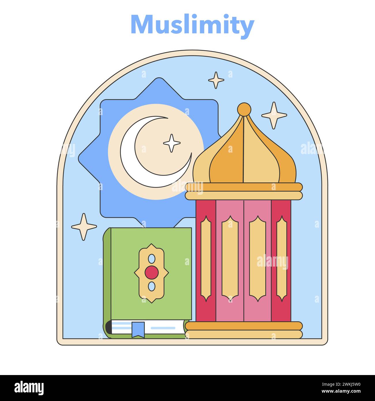 Icona della Muslimity che racchiude la fede islamica. Presenta una moschea e Corano sotto una cupola celeste, che evoca riflessioni spirituali. Illustrazione vettoriale piatta. Illustrazione Vettoriale