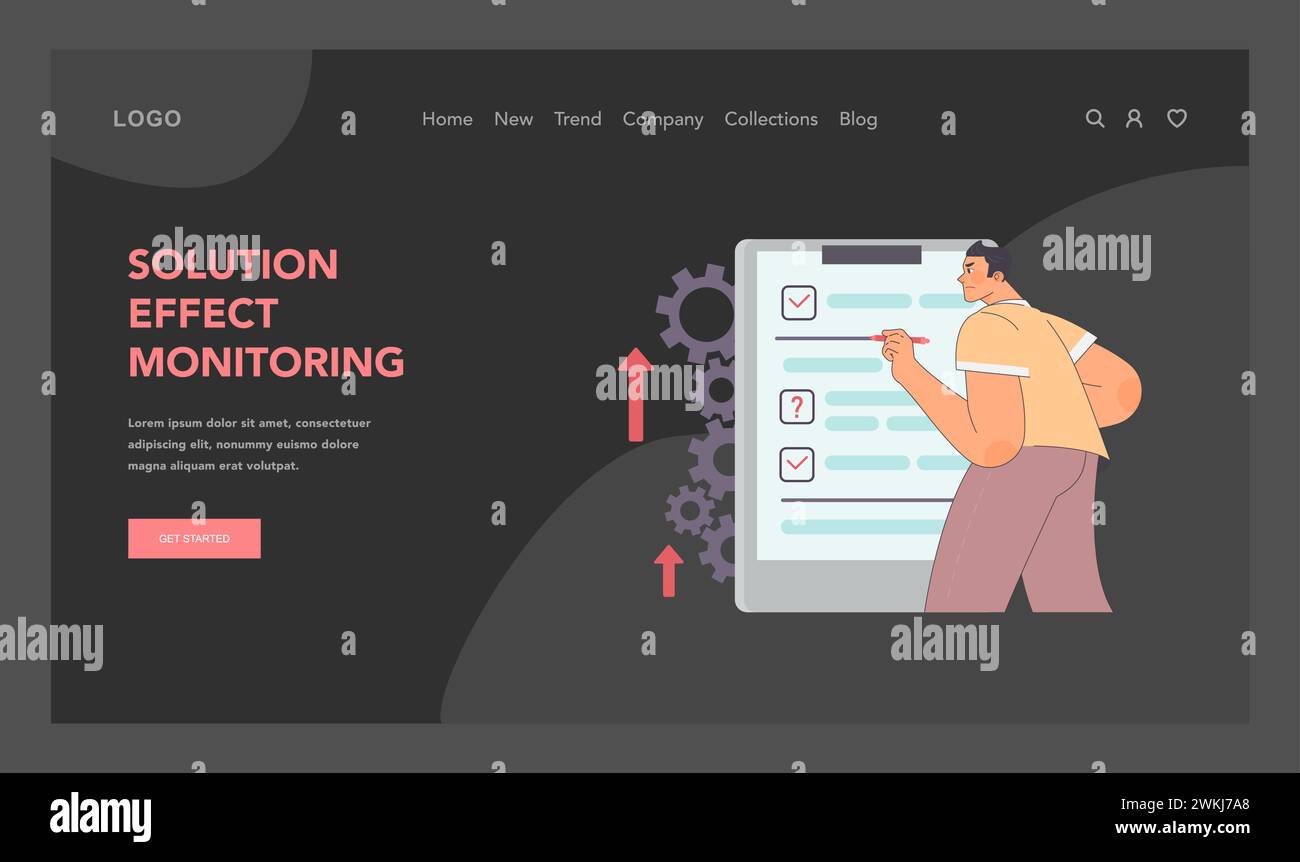 Concetto di monitoraggio degli effetti della soluzione. Uomo che controlla il processo di lavoro, che controlla la lista. Valutazione diligente e monitoraggio dei progressi. Valutazione sistematica dei risultati. Illustrazione vettoriale piatta Illustrazione Vettoriale