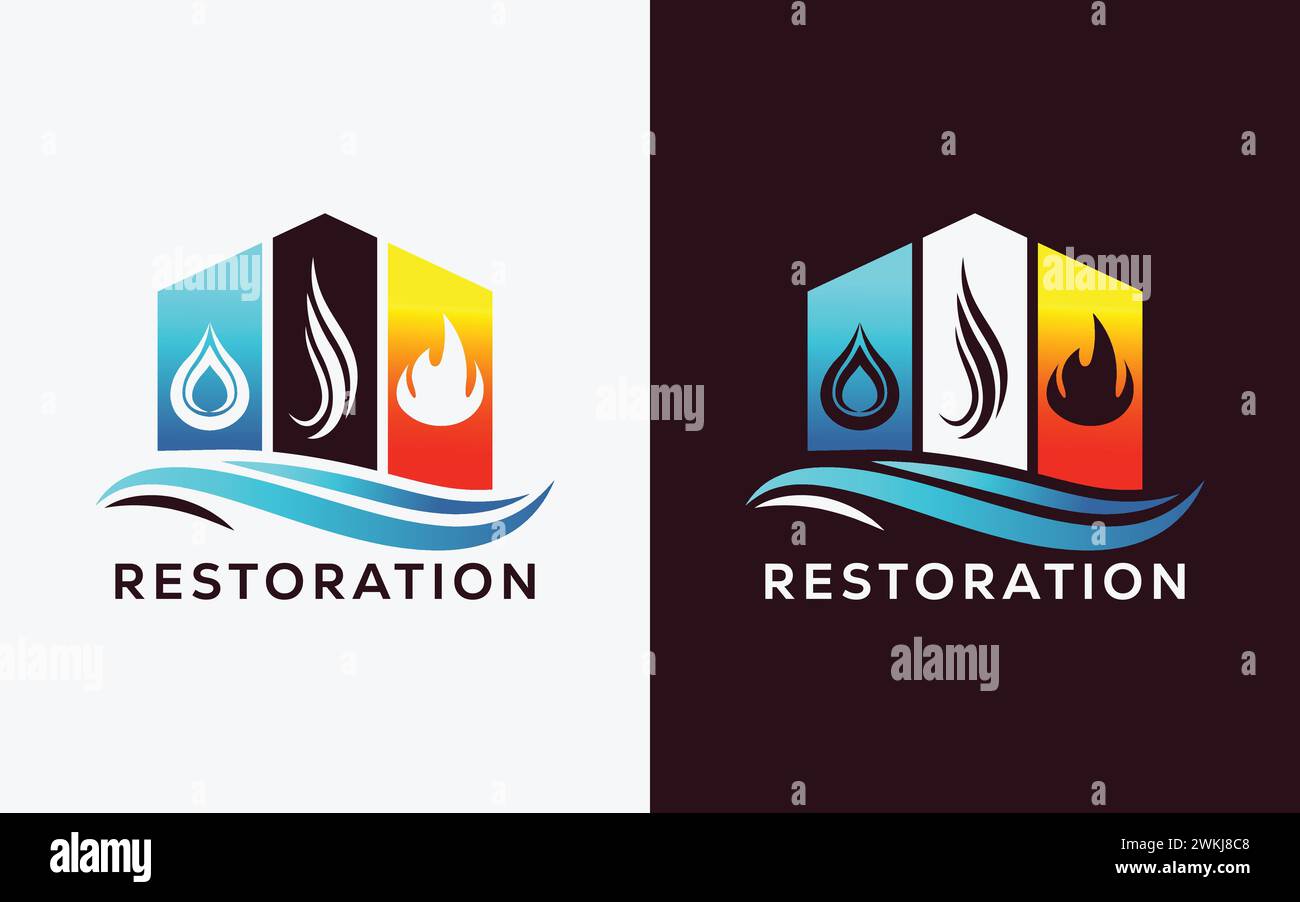Logo vettoriale minimalista della società di restauro per fuoco fiamma, goccia e fumo. Moderno e colorato logo Fire Flame, Drop e Smoke Vector. acqua, fumo Illustrazione Vettoriale