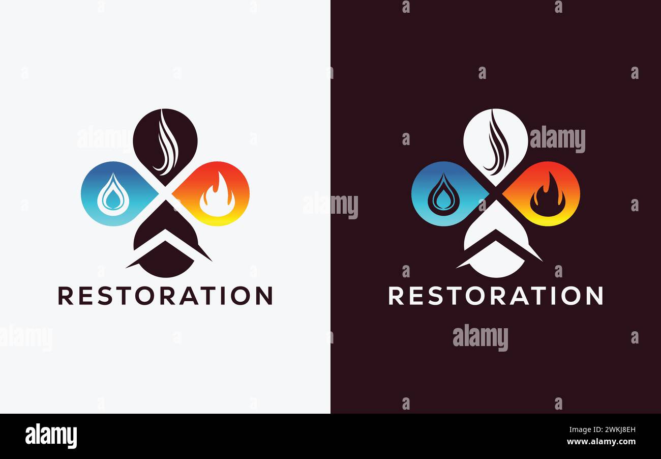 Logo vettoriale minimalista della società di restauro per fuoco fiamma, goccia e fumo. Moderno e colorato logo Fire Flame, Drop e Smoke Vector. acqua, fumo Illustrazione Vettoriale