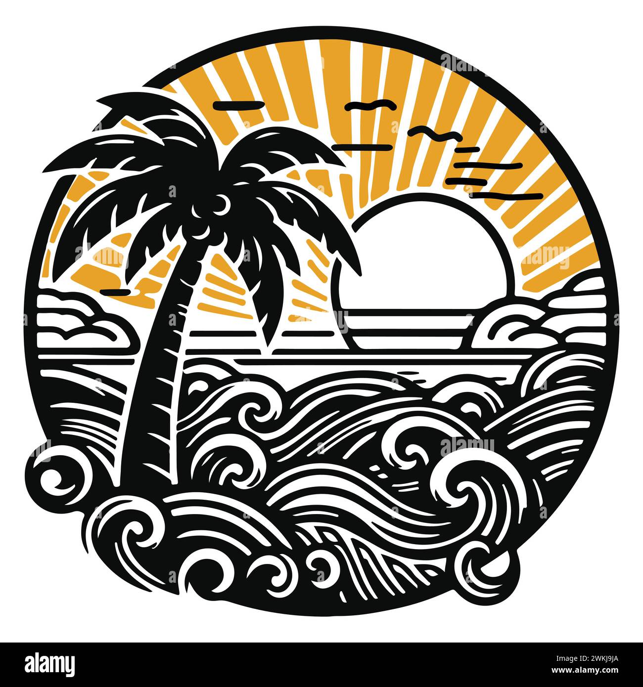 Emblema del sole delle palme marine. Nero bianco giallo. Disegna un semplice stile cartoni animati. Marchio, logo, vacanze turistiche. Illustrazione Vettoriale