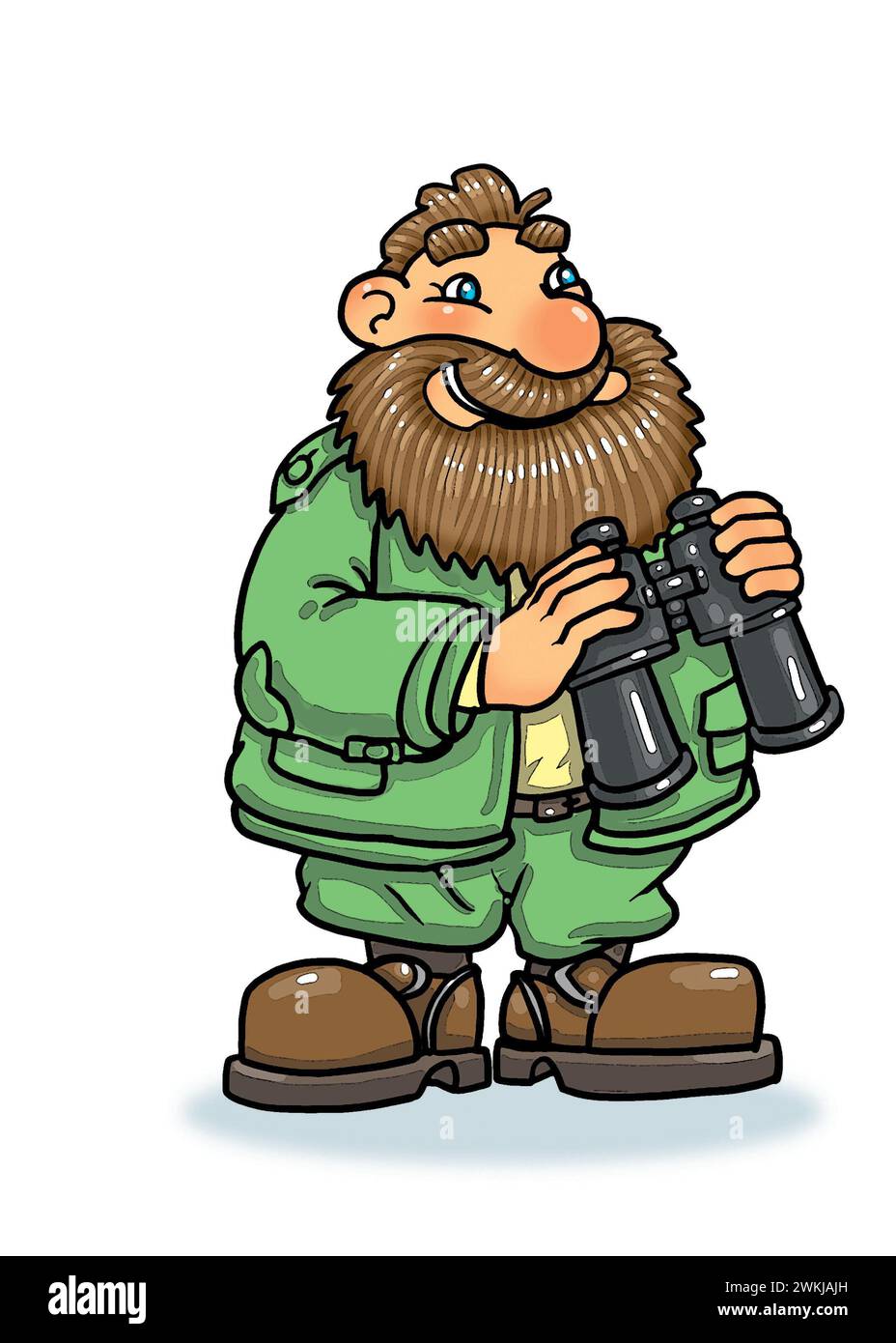 Art Happy sorridente uomo barbuto in abbigliamento outdoor con binocolo birdwatcher, birdwatching, avvistatore balene, birdwatching, ornitologia, hobby della natura Foto Stock