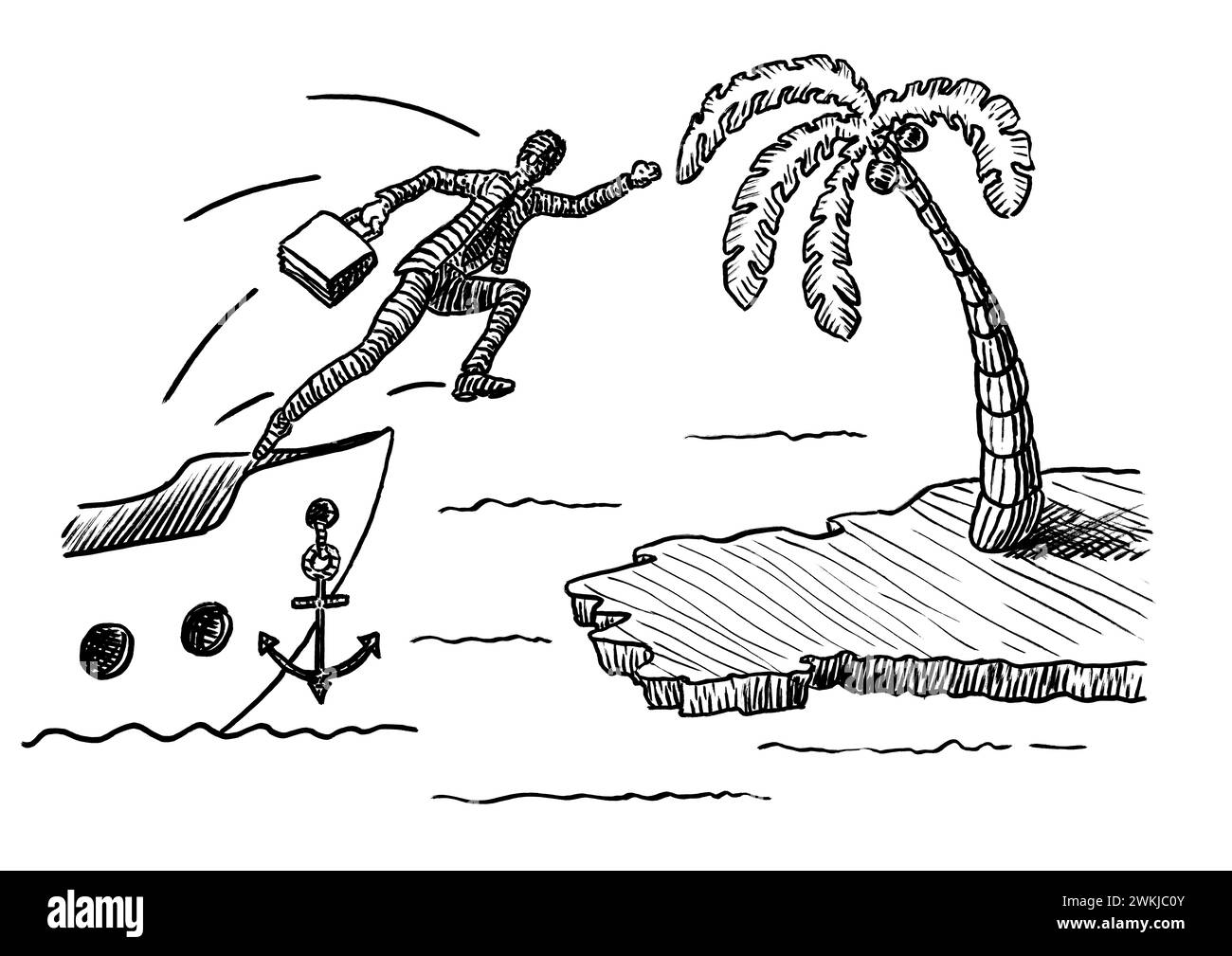 Disegno a mano libera di un uomo d'affari che salta da una nave per raggiungere un'isola con palme. Metafora per leadership, imprenditorialità, aspirazione, di Foto Stock