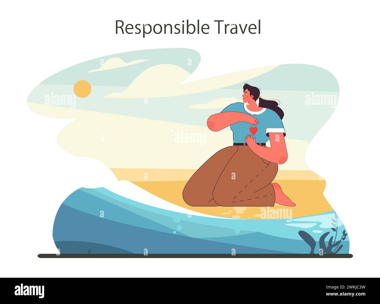 Turismo sostenibile. Ecoturismo, attività ricreative ecologiche. Viaggi responsabili, a basso impatto e ecologici nella comunità locale. Illustrazione vettoriale piatta Illustrazione Vettoriale