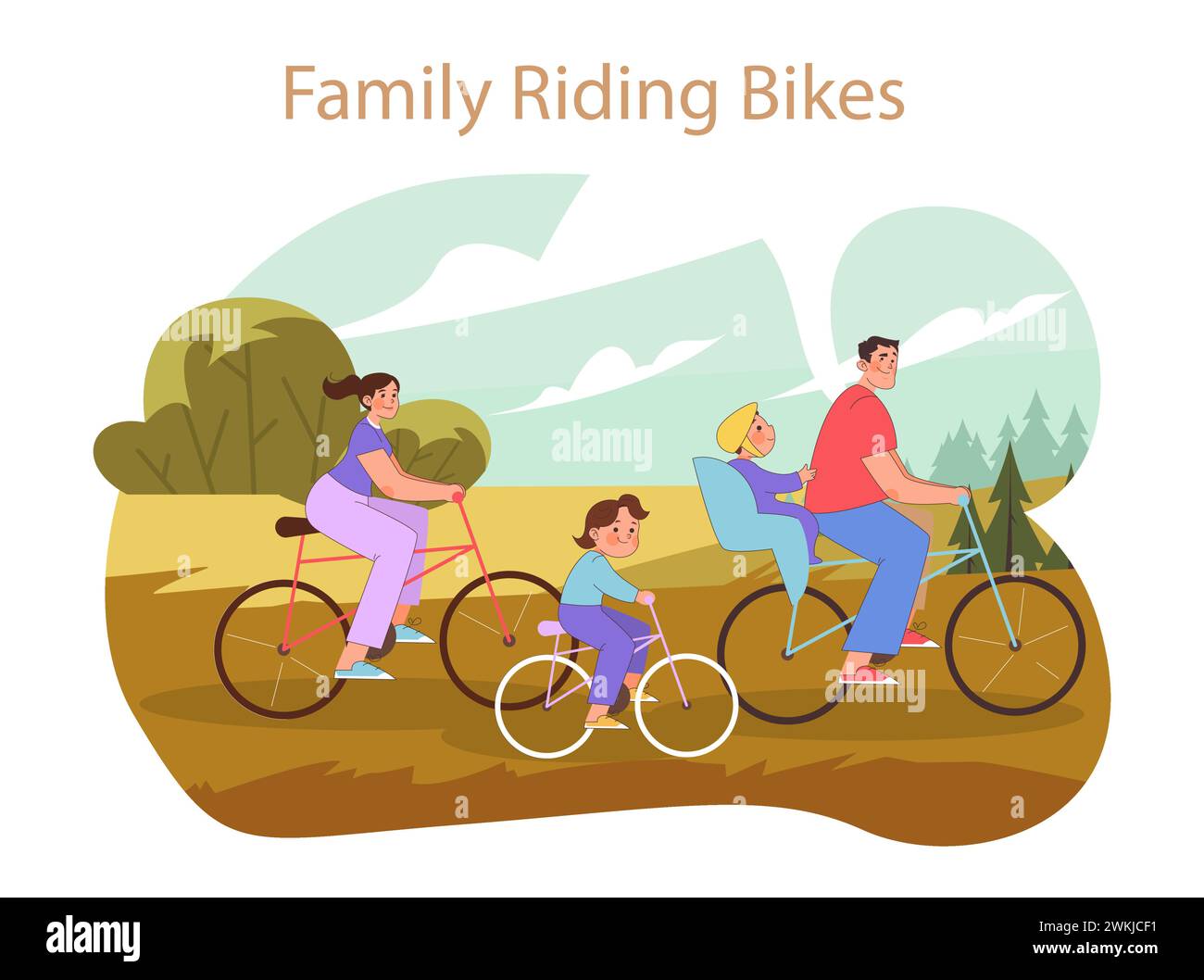 Concetto di Family Riding Bikes. Una sana avventura all'aria aperta con i tuoi cari in bicicletta insieme nella natura. Illustrazione Vettoriale