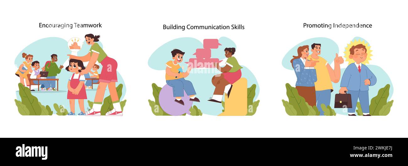 Set sviluppo bambino. Bambini e genitori che lavorano su capacità di cooperazione, dialogo efficace e fiducia in se stessi. Educazione visiva sul lavoro di squadra, la comunicazione, l'autonomia. Illustrazione vettoriale piatta Illustrazione Vettoriale