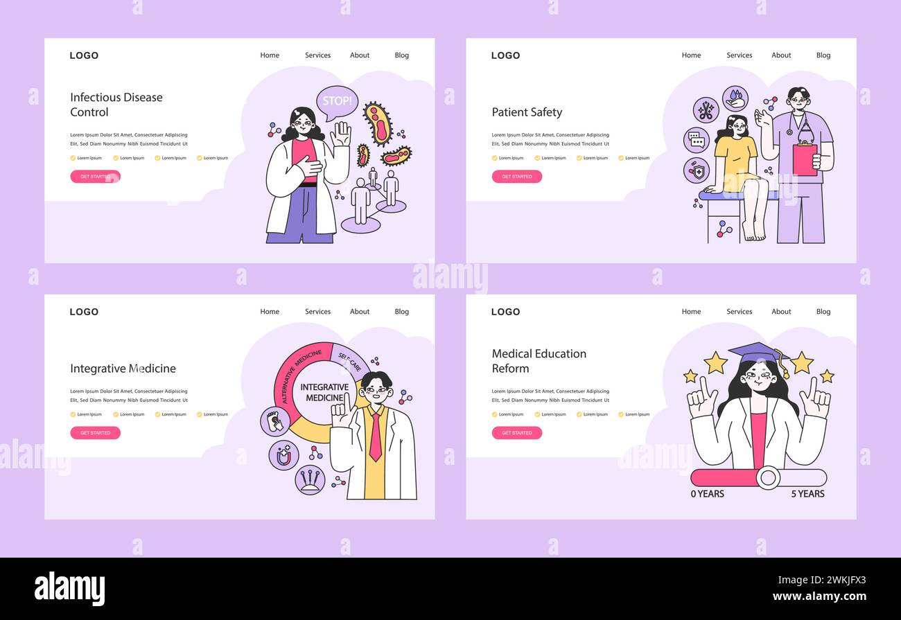 Set completo di pagine Web sulla salute. Affrontare la prevenzione delle malattie, la sicurezza dei pazienti, l'assistenza olistica e l'avanzamento della formazione medica. Illustrazione vettoriale piatta. Illustrazione Vettoriale