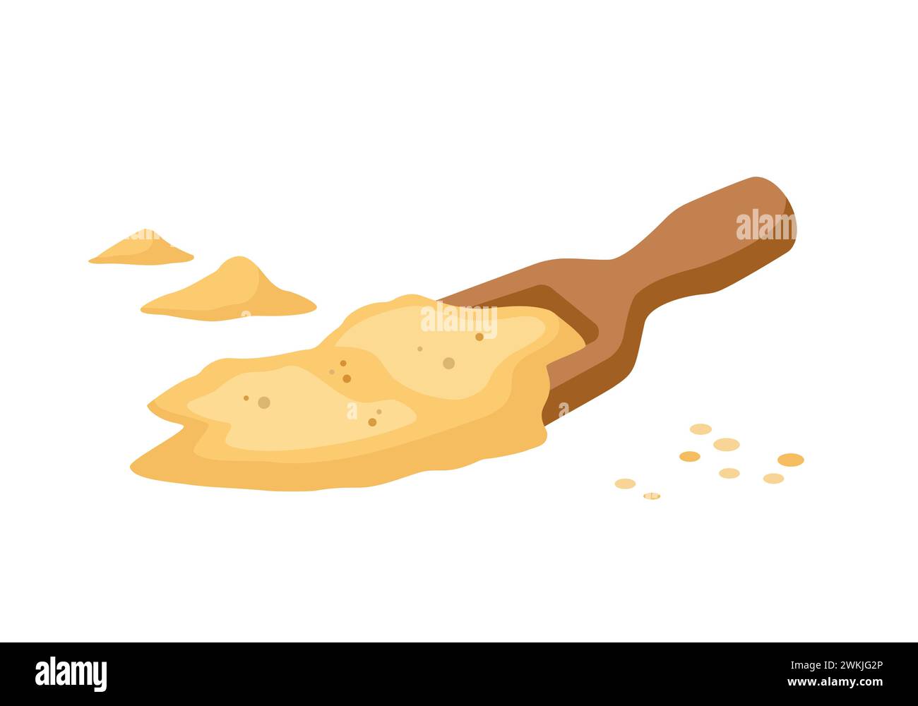Farina di grano in paletta di legno. Spatola di legno con farina e grani. Pile di farina. Illustrazione vettoriale isolata su sfondo bianco. Illustrazione Vettoriale