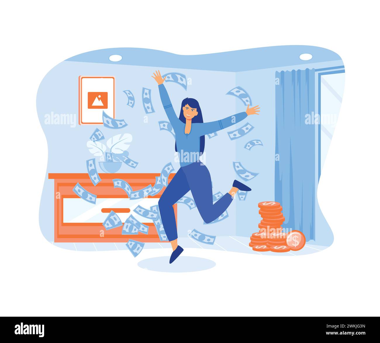 Concetto di pagamento dello stipendio. Dipendenti o lavoratori sono felici di ricevere uno stipendio mensile, persone che calcolano denaro, reddito attivo. illustrati moderni vettoriali piatti Illustrazione Vettoriale