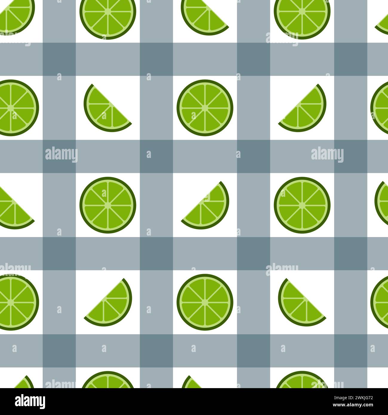 Tessuto Tartan a quadri con fette di lime e motivo vettoriale senza cuciture. Design in tessuto a ripetizione a scacchi di frutta tropicale, carta da parati, bac Illustrazione Vettoriale