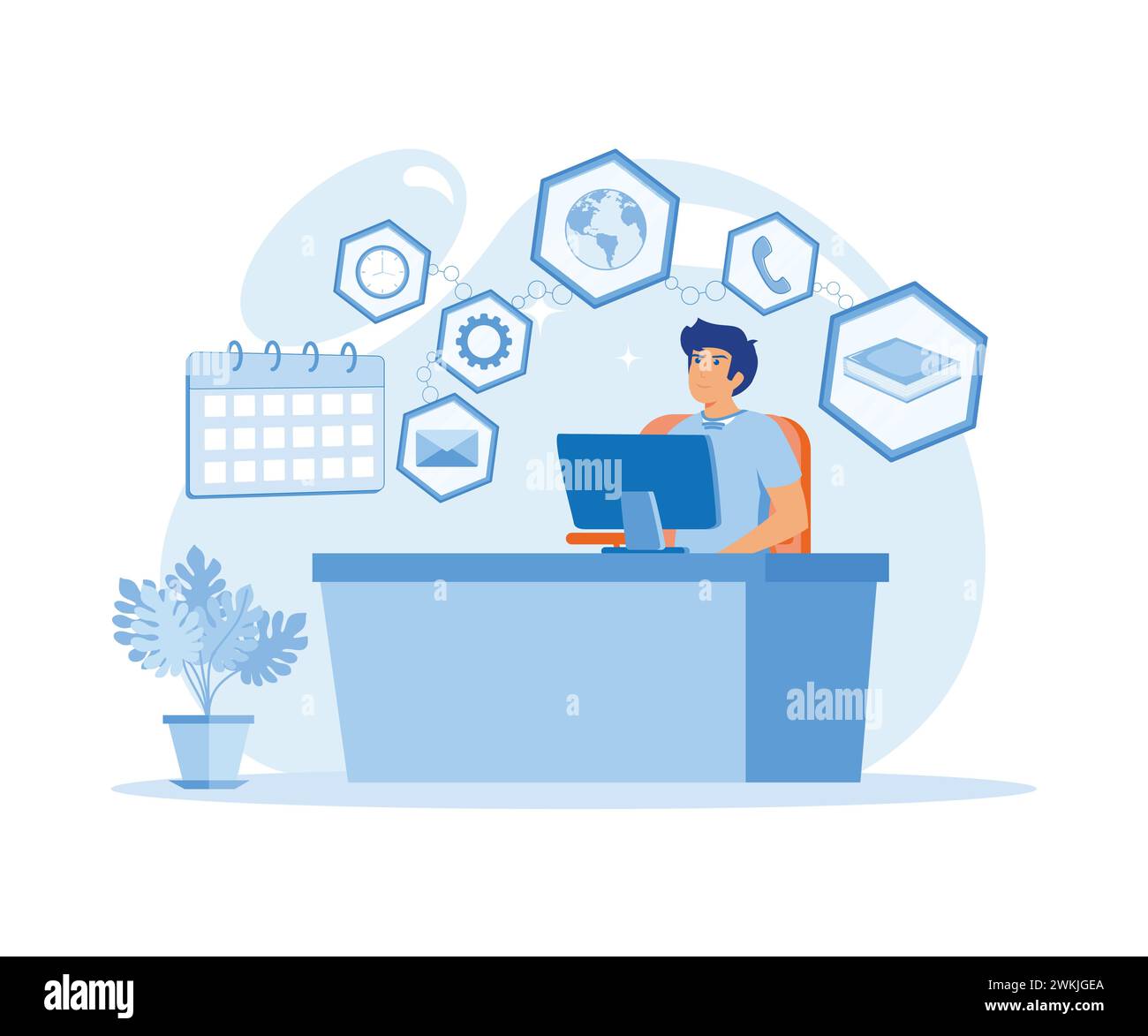 Uomo d'affari felice con capacità di multitasking seduto al suo notebook con un lavoratore freelance in ufficio. illustrazione moderna vettoriale piatta Illustrazione Vettoriale