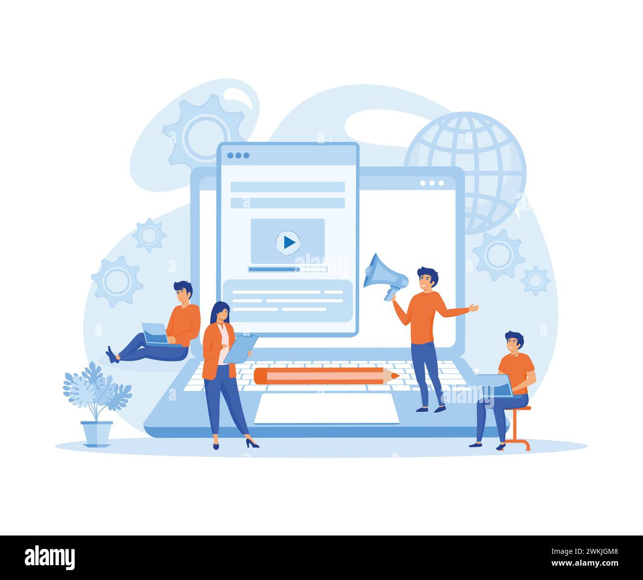 Blogger, Blogger. Freelance. Scrittura creativa. Autore copia. Gestione dei contenuti. illustrazione moderna vettoriale piatta Illustrazione Vettoriale