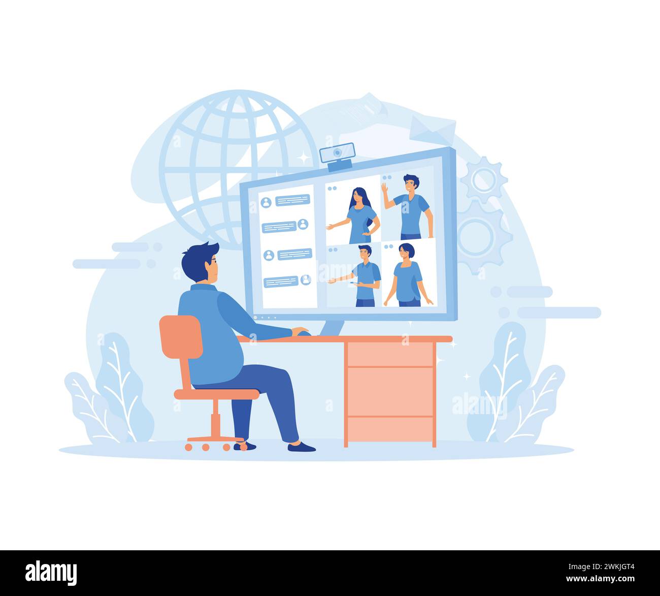 Videoconferenze e comunicazioni online. Gruppo di persone sullo schermo del computer che porta con un collega. illustrazione moderna vettoriale piatta Illustrazione Vettoriale