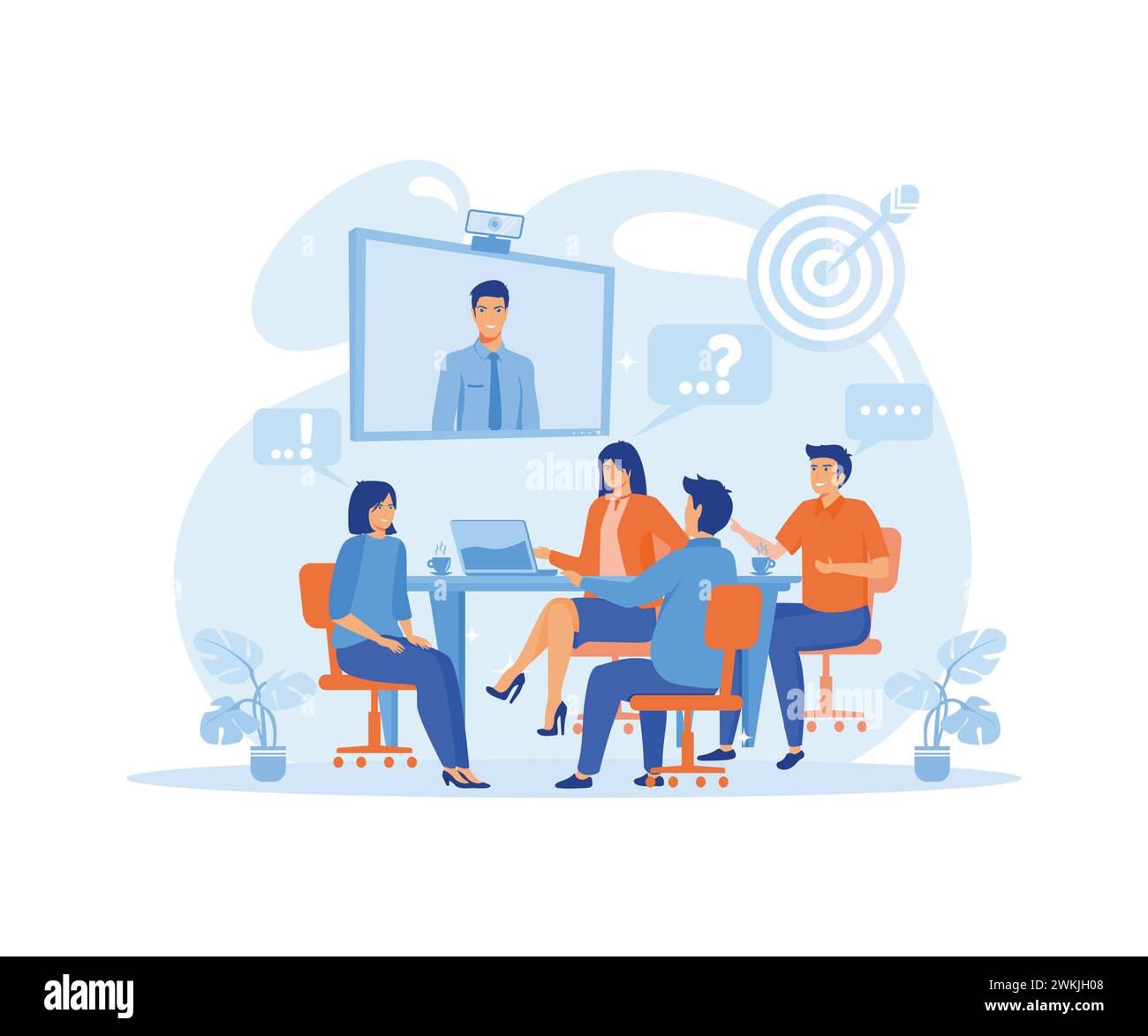 Team aziendale alla videoconferenza in sala riunioni. Incontro online con CEO, manager o direttore. illustrazione moderna vettoriale piatta Illustrazione Vettoriale