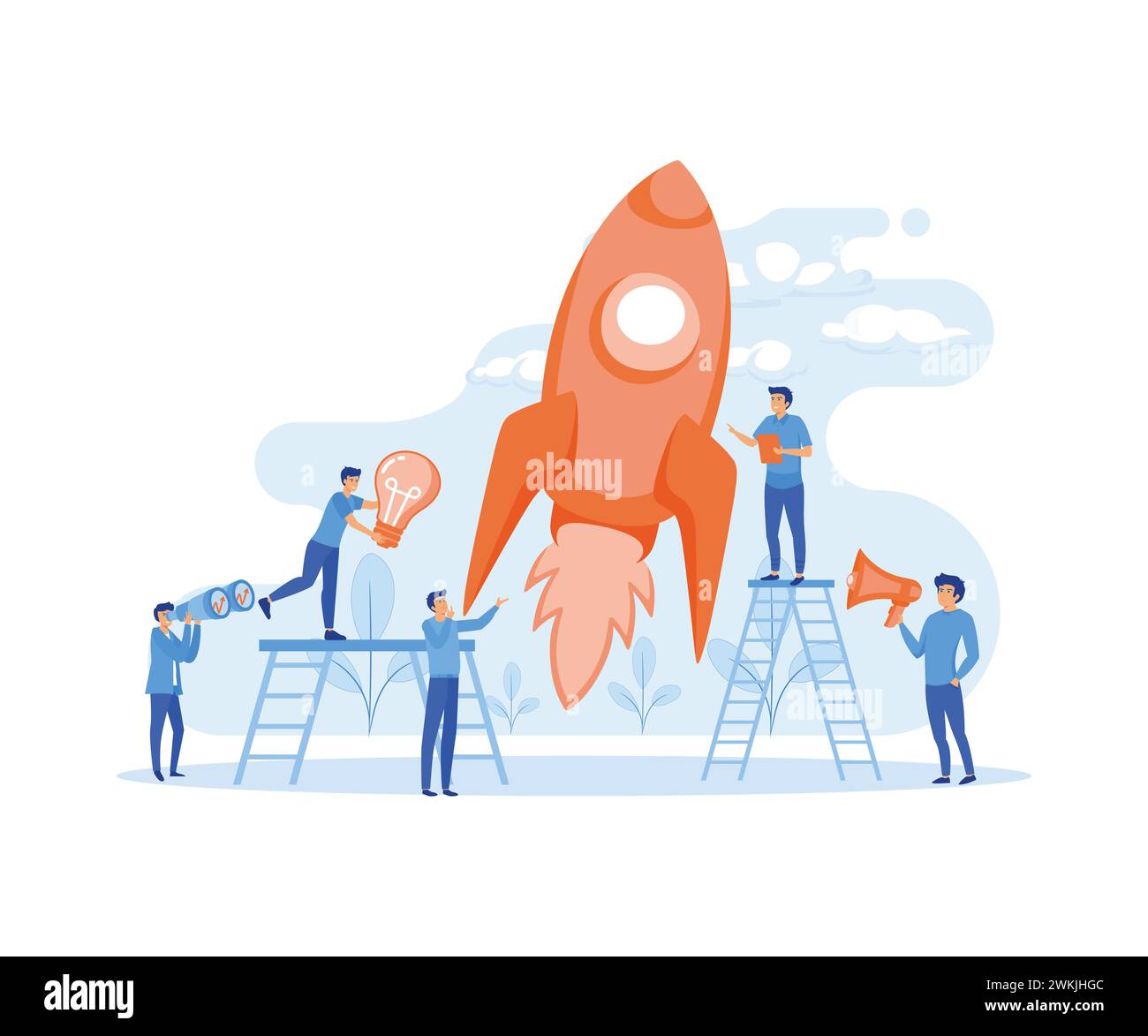 Le persone sfidano il lavoro di squadra. Crescita con servizi di investimento razzi. illustrazione moderna vettoriale piatta Illustrazione Vettoriale