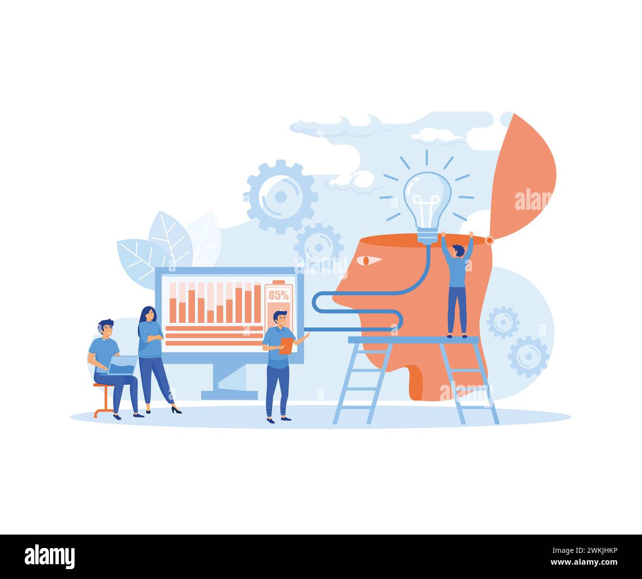 Lavoro di squadra sull'idea di realizzazione. Le persone creano l'elenco idee creative. Lavoro di squadra con Boss. illustrazione moderna vettoriale piatta Illustrazione Vettoriale