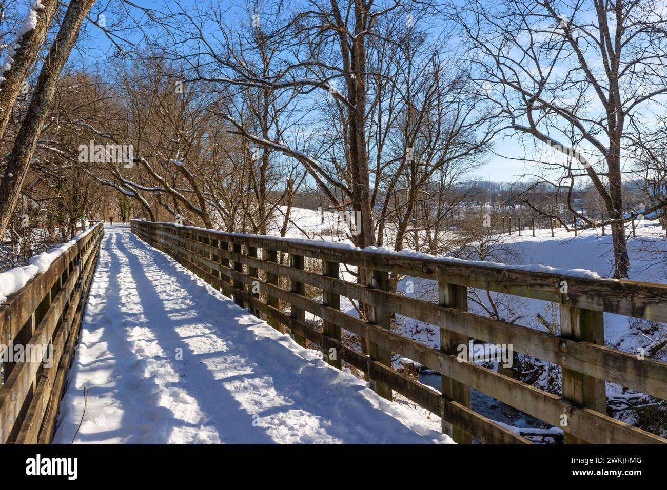 Ponte pedonale Tweetsee Trail che attraversa il centro di Abingdon, Virginia, in una fredda giornata invernale. Foto Stock