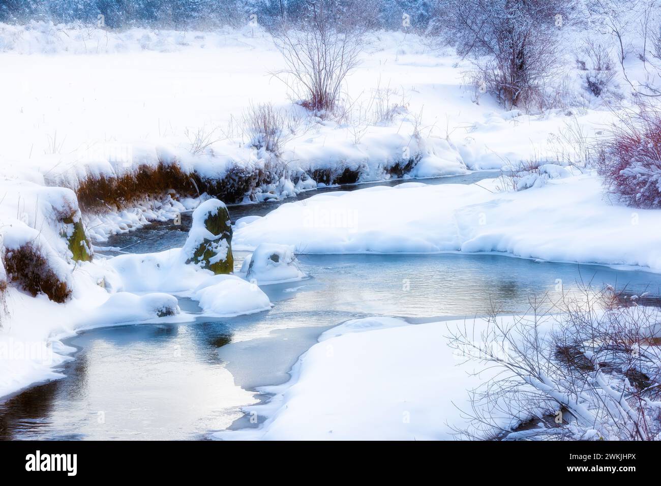 Un piccolo torrente scorre attraverso le sue sponde innevate nel North Carolina durante un evento sulla neve. Foto Stock