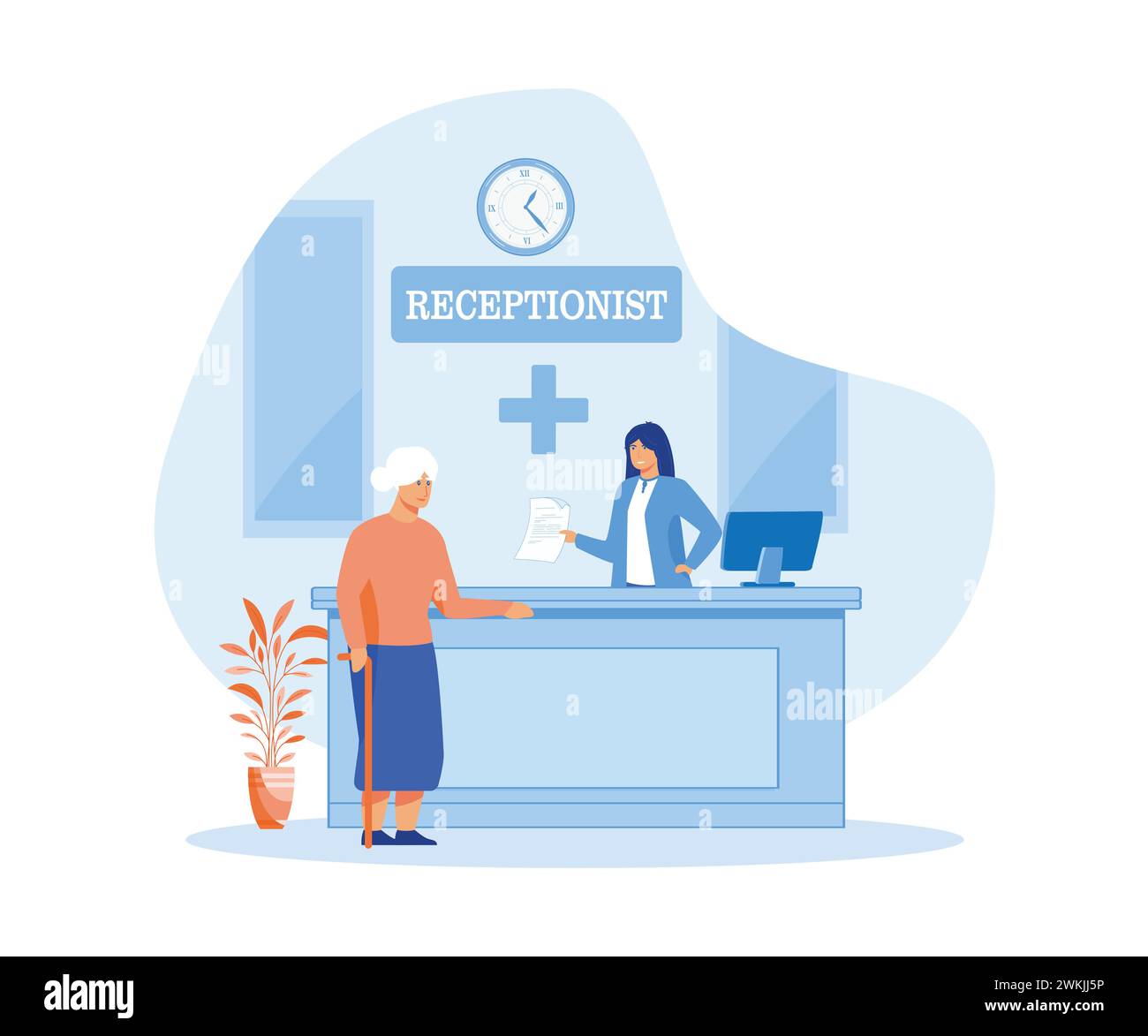 Il receptionist dell'ospedale dà informazioni alla donna anziana, controllando l'appuntamento. illustrazione moderna vettoriale piatta Illustrazione Vettoriale