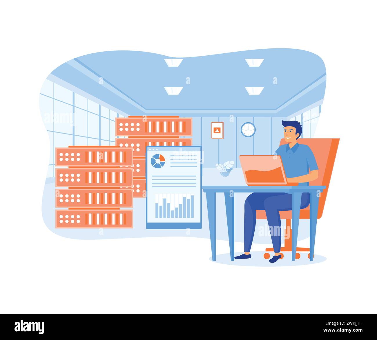 Gli ingegneri umani mantengono le sale server e controllano le prestazioni hardware nei dashboard. illustrazione moderna vettoriale piatta Illustrazione Vettoriale