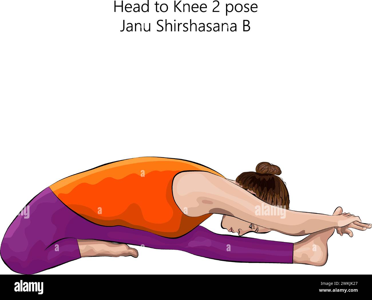 Giovane donna che fa yoga Janu Shirshasana B. testa a ginocchio 2 posa. Difficoltà intermedia. Illustrazione vettoriale isolata. Illustrazione Vettoriale