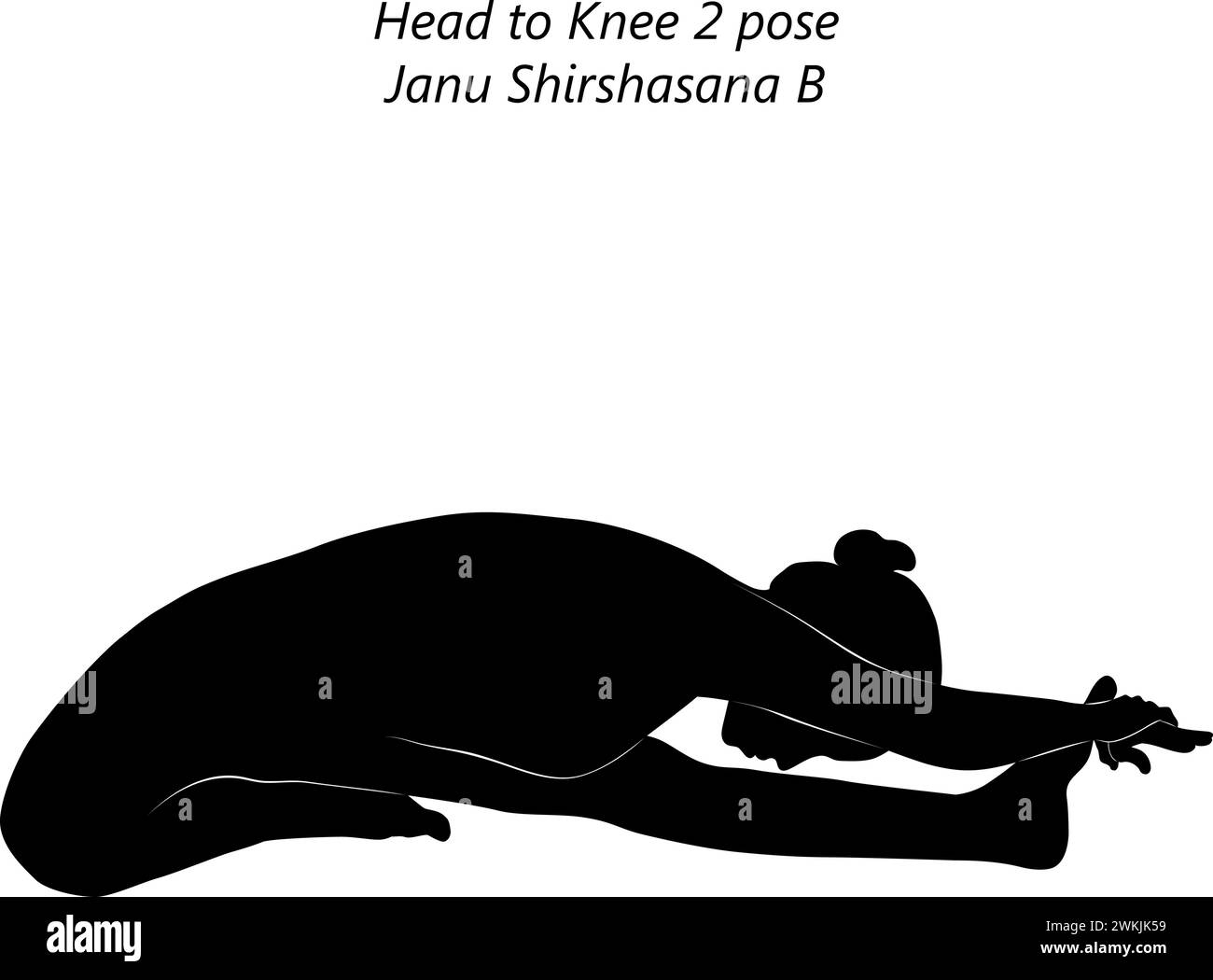 Silhouette di donna che fa yoga Janu Shirshasana B. testa a ginocchio 2 posa. Difficoltà intermedia. Illustrazione vettoriale isolata Illustrazione Vettoriale