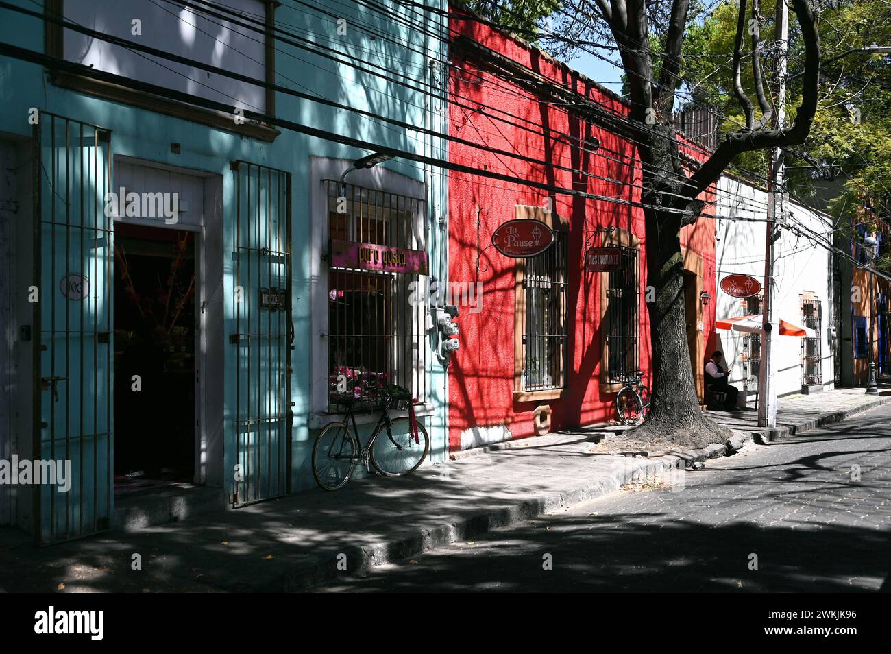 Bunte HŠuser auf der Avenida Francisco Sosa, Coyoacan, Mexiko Stadt Foto Stock