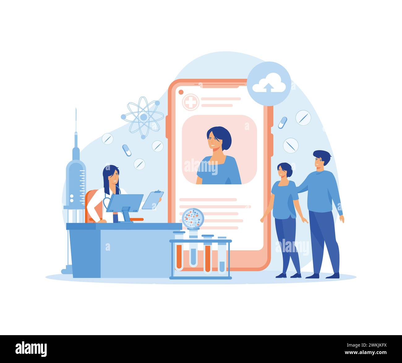 Assistenza sanitaria elettronica. Cartella clinica del paziente, medico che aiuta le persone. illustrazione moderna a vettore piatto Illustrazione Vettoriale