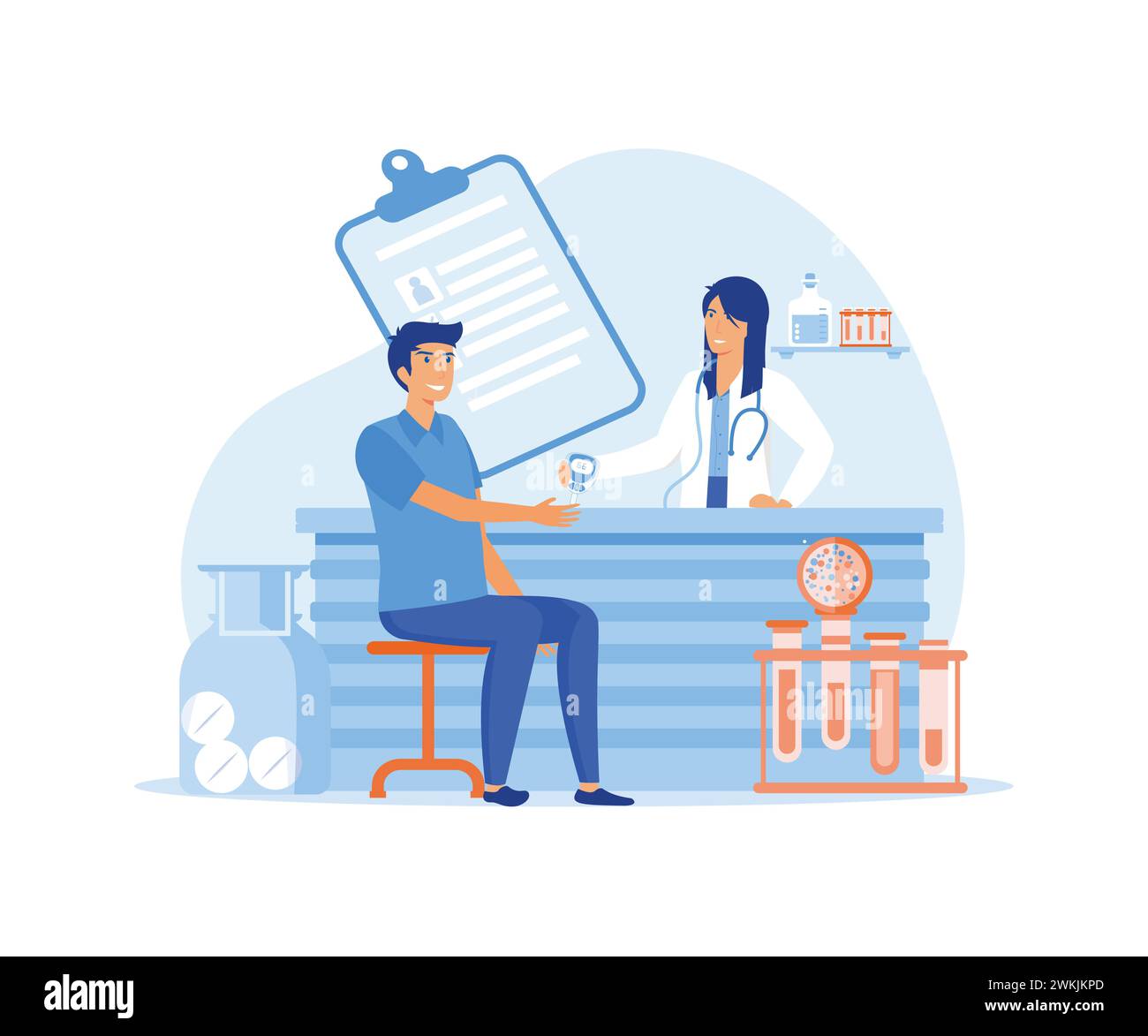 Medico che controlla il livello di zucchero nel sangue in un maschio. Medico che si consulta per il controllo dello stato del sangue. illustrazione moderna vettoriale piatta Illustrazione Vettoriale