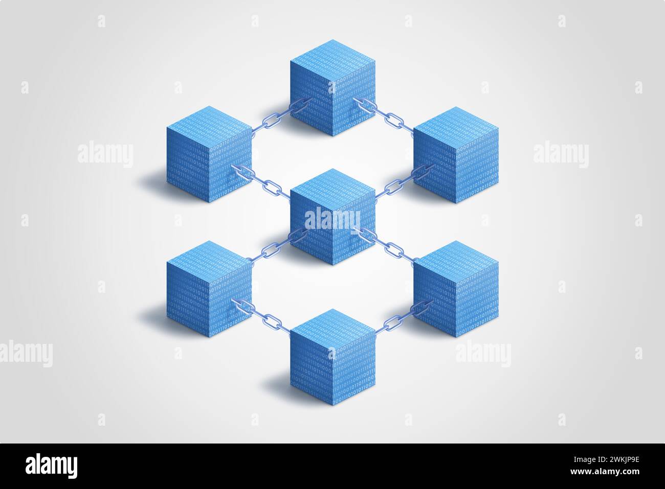 Concetto di blockchain con cubi connessi con catena e codice binario Foto Stock
