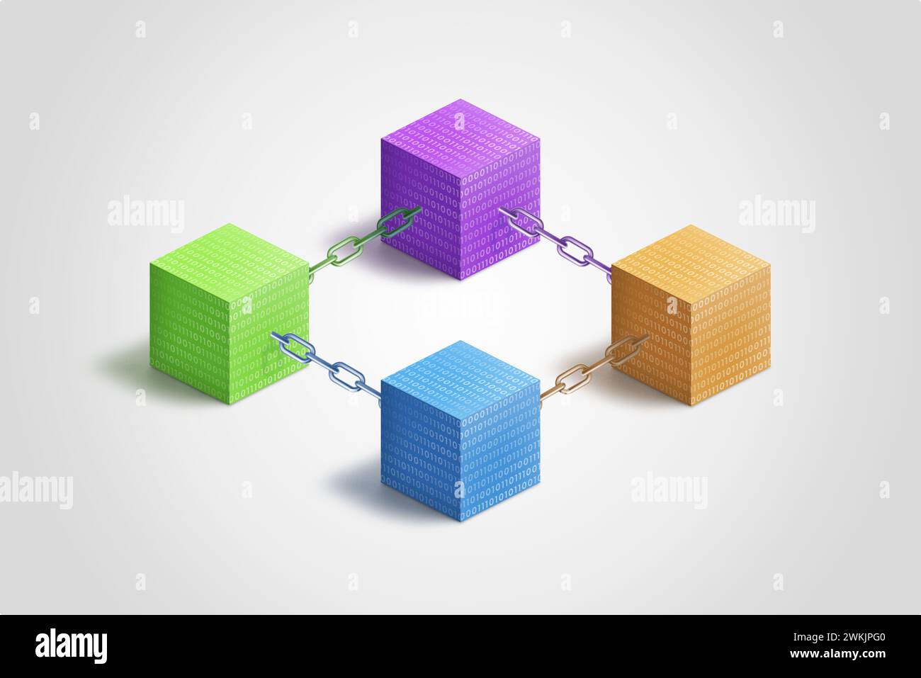 Cubi blockchain colorati interconnessi da catene, adornati da codice binario. Simbolo della connettività digitale e della sicurezza. Ideale per la tecnologia e la finanza Foto Stock