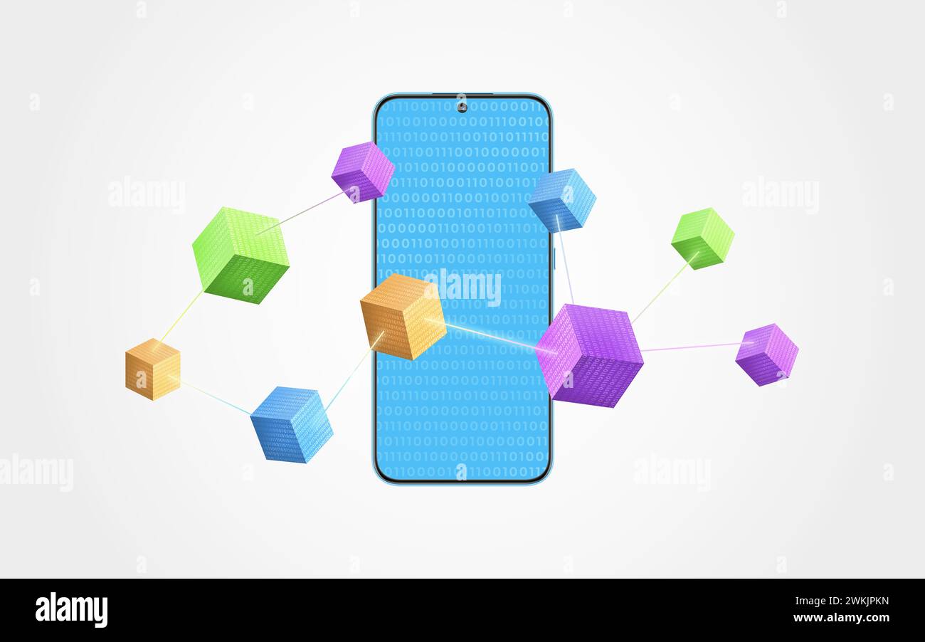 Telefono circondato da cubi blockchain volanti con codice binario, che rappresenta la connettività digitale e l'innovazione. Ideale per illustrare i progressi tecnologici Foto Stock