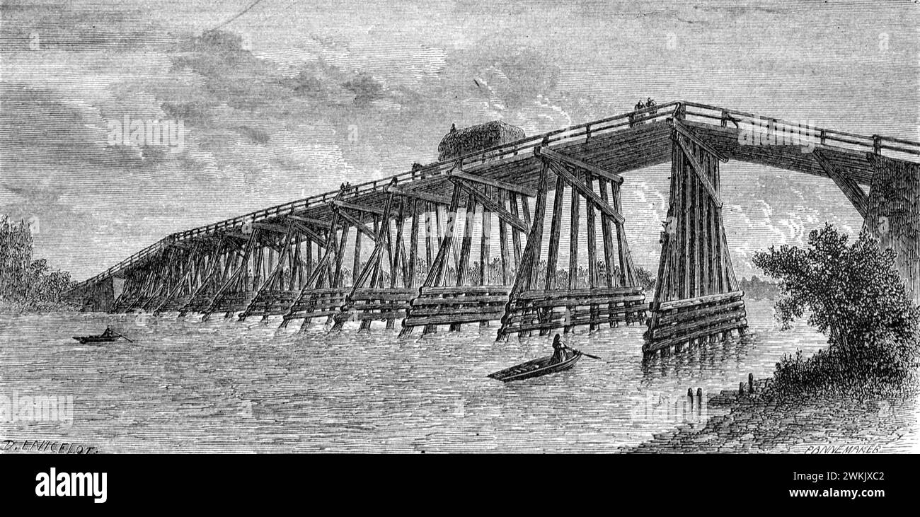 Vecchio ponte di legno sul Danubio tra Passau e Vienna. Vintage o Historic Engraving o Ilustration 1863 Foto Stock