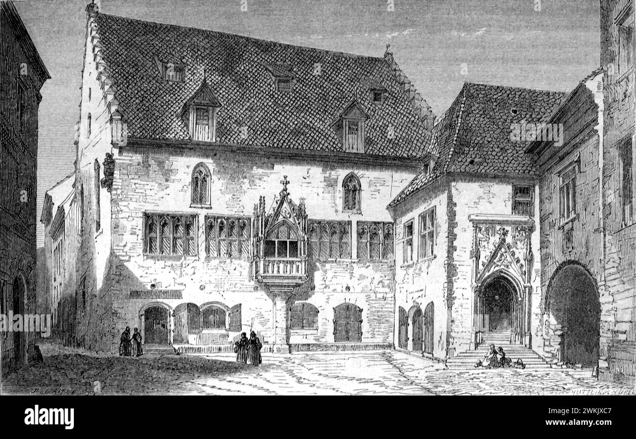 Casa medievale, o Casa Mercantile, nella città vecchia o nel quartiere storico di Ratisbona, Baviera, Germania. Incisione vintage o illustrazione 1862 Foto Stock